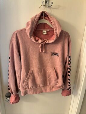 Vans Women's Dusty Pink Pullover Hoodie with Checker Sleeve Detail, medium